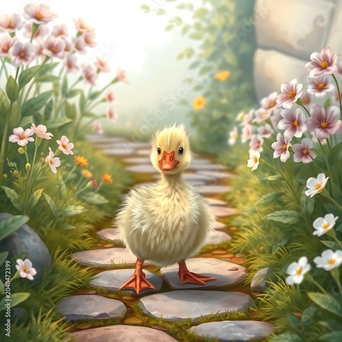 Charming small yellow duckling standing on a stone pathway surrounded by white flowers with duckling wildlife outdoors blooming charming landscape sunlight innocent