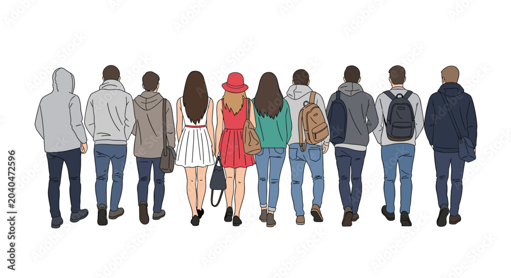 Obraz premium Group of young people seen from the back wearing casual clothes and backpacks while walking together towards a destination.