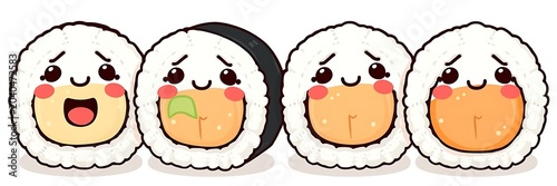 Kawaii sushi rolls characters expression set with character japanese expression restaurant delicious positive isolated background collection detailed