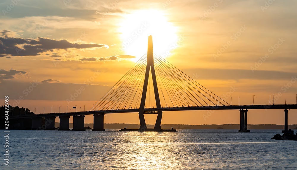 Obraz premium A majestic cable-stayed bridge at sunset over water