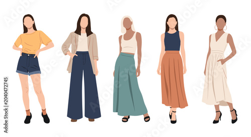 Collection of diverse women standing in various fashionable outfits including skirts, pants, and stylish dresses.