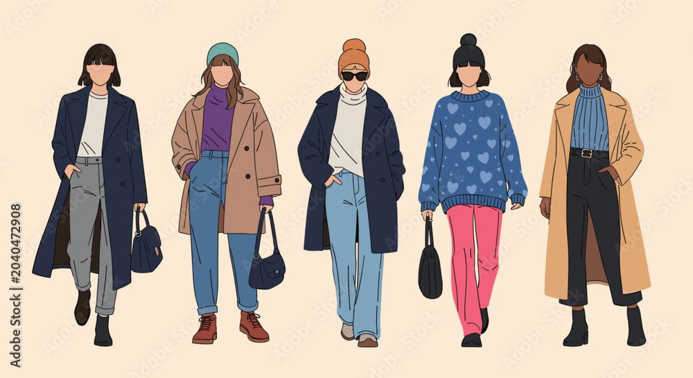Fototapeta premium Group of five women wearing stylish autumn and winter clothing including long coats, sweaters, and warm hats.