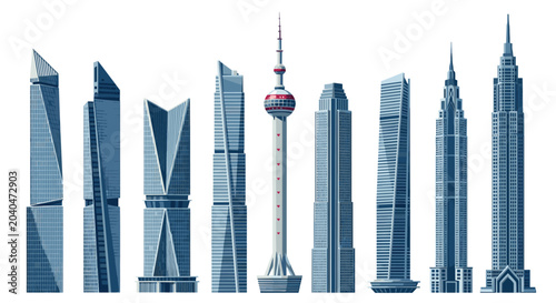 Set of futuristic and modern skyscraper buildings with unique architectural designs representing a city skyline.