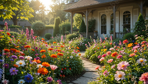 Vibrant flower garden, pathway to house porch with colorful blooms flowers