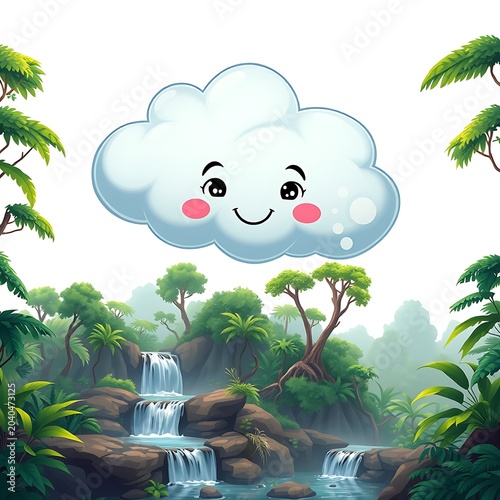 Smiling cartoon cloud floating over cascading tropical jungle waterfall and forest with character waterfall landscape tropical environment illustration cheerful wilderness