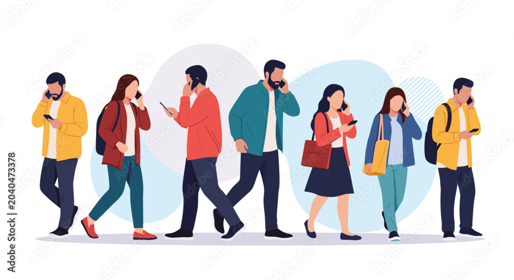 Obraz premium Diverse crowd of people walking in different directions while focused on their smartphones for communication and social media use.