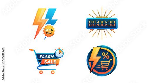 Flash Sale Icon Set with Discount and Countdown Symbols