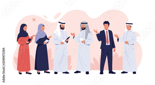 Diverse group of Arab men and women in traditional attire talking with a businessman in a suit against a soft pink abstract background.