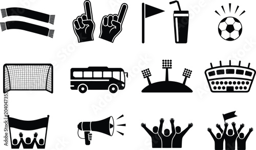 Billede på lærred Sports fan and stadium event icons featuring cheering crowds banners megaphones