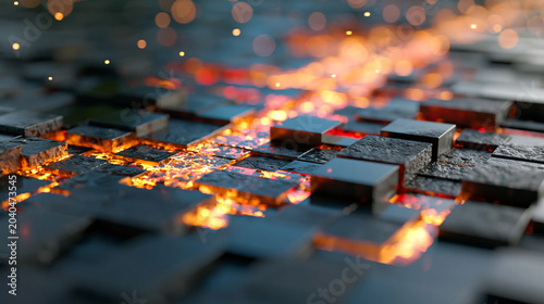 Abstract Technology Grid with Illuminated Chips and Fiery Data Connections