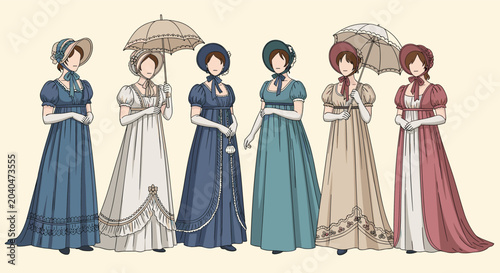 Collection of women in historical regency era gowns with bonnets and parasols representing classic fashion from the early nineteenth century.