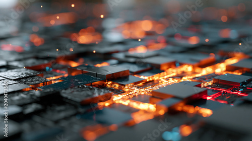Cyber Technology Background with Glowing Data Lines Across Circuit Blocks