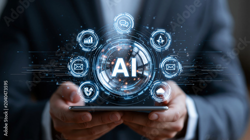 Digital AI Interface Glowing Over Smartphone Held by Suit Wearing Professional