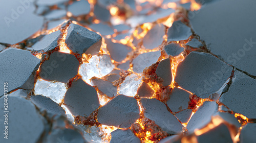 Abstract Cracked Surface with Molten Light Lines Across White Mineral Texture