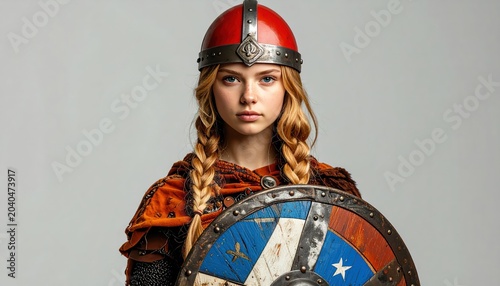 Viking Woman Warrior with Braids and Shield, Portrait in Studio.