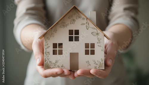 Person holding a small, white, cardboard house with floral