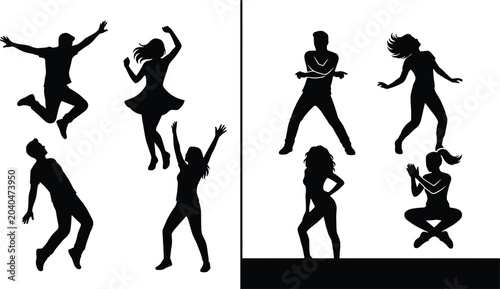 Obraz na płótnie Silhouette illustration of people dancing, jumping, sitting, and posing in expre