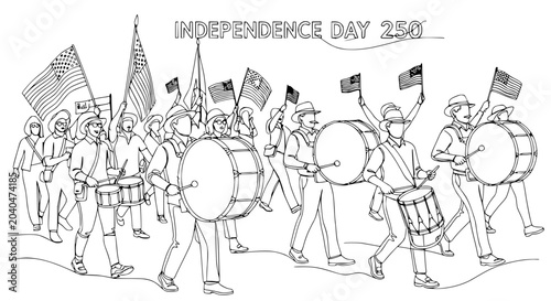 Schilderij op canvas Independence Day Parade: Marching Band with Drums, Flags, and Colonial Attire