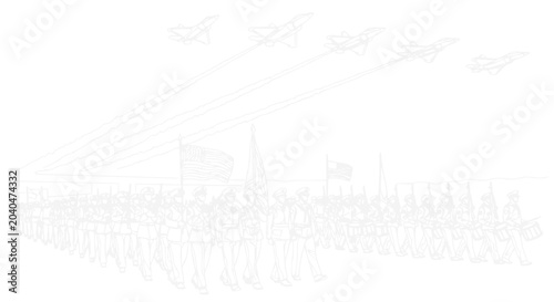Tableau sur toile Military Parade Formation with Fighter Jets Flying Overhead