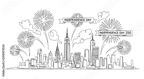 Hand-drawn New York City skyline with fireworks for Independence Day celebration
