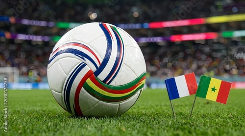 Soccer ball on green field with senegal and france flags for international match or tournament with colorful audience in background
