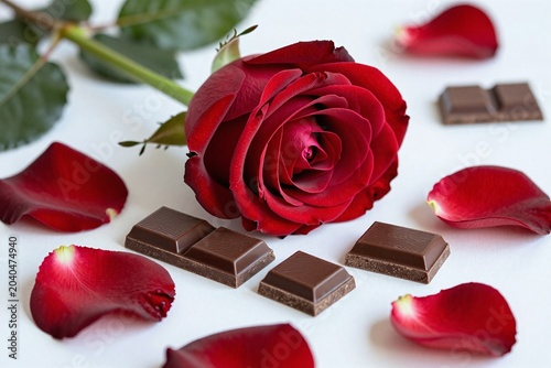 A red rose sitting next to a pile of chocolates