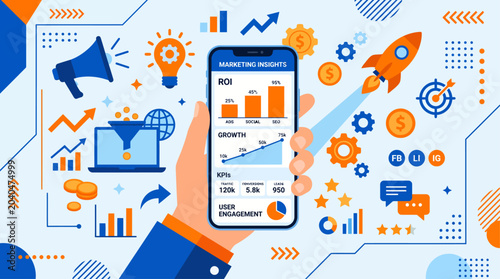 Hand holding smartphone with business analytics on screen surrounded by infographic elements.
