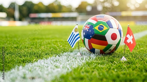 A soccer ball with flags of different countries on a green field with white lines and small flags
