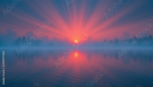 Vibrant sunrise over a serene lake with fog, trees in the background, sunset water