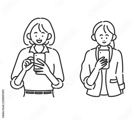 スマートフォンを操作するビジネスウーマンのイラスト素材セット　線画のみ