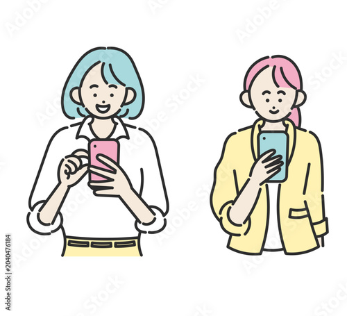 スマートフォンを操作するビジネスウーマンのイラスト素材セット