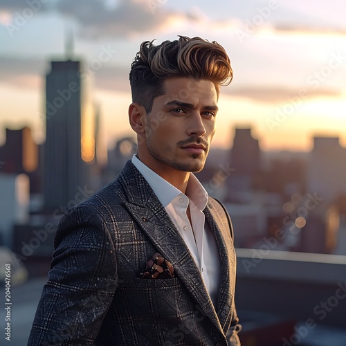 A man in a suit standing on a rooftop with a cityscape background