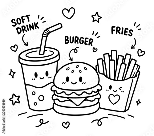 Fast food set. Burger Fries Soft Drink Doodle Sketch Vector illustration.