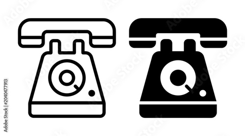 Two icons of a vintage rotary dial telephone, one in outline and one in solid black.