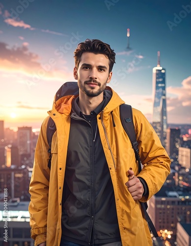 A man in a yellow jacket standing in front of a city skyline