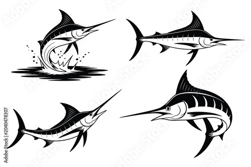 Tableau sur toile Marlin Fish Collection In Black Silhouette swordfish