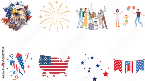Принти на полотні Patriotic usa independence day collection featuring eagle head fireworks people