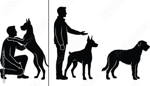 Quadro su tela Silhouette illustration of people interacting with dogs, symbolizing companionsh