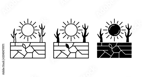 Konstfotografi Drought Icon Set: Cracked Earth, Arid Landscape, Sun Symbol, Dry Trees, Minimali