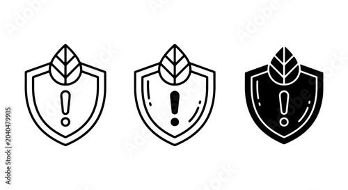 Eco Protection Shield Icons, Organic Safety Emblem, Environmental Alert Symbol, Nature Security Badge, 3 Vector Graphics