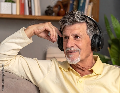 A man in a yellow shirt wearing headphones and smiling