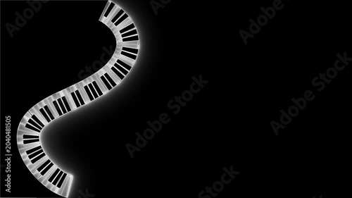 Curved piano. Music abstract. Piano keys. Wavy keyboard. Music background. Glow effect. Black white art. Melody concept. Creative music. Sound design.