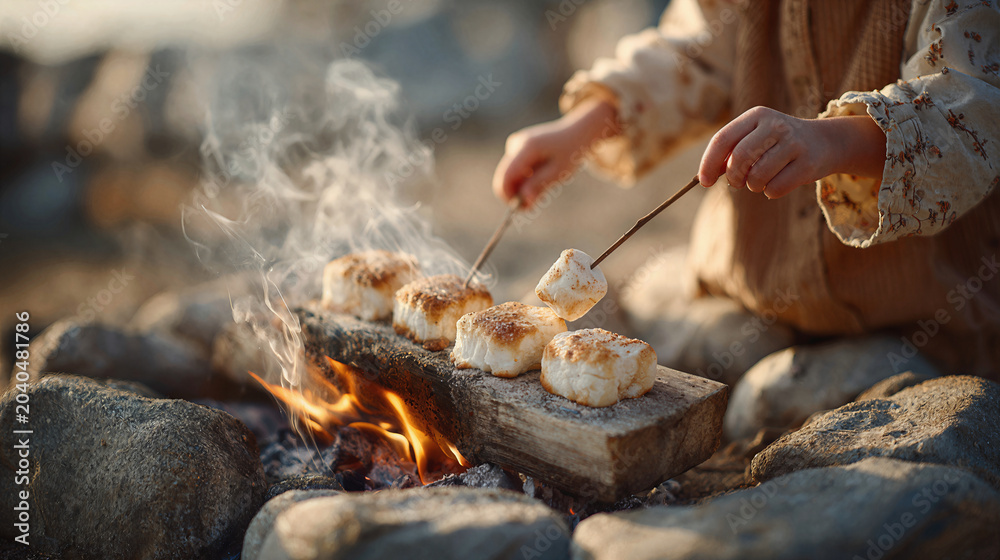 Fototapeta premium Child roasting marshmallows over a campfire on sticks, enjoying a sweet treat