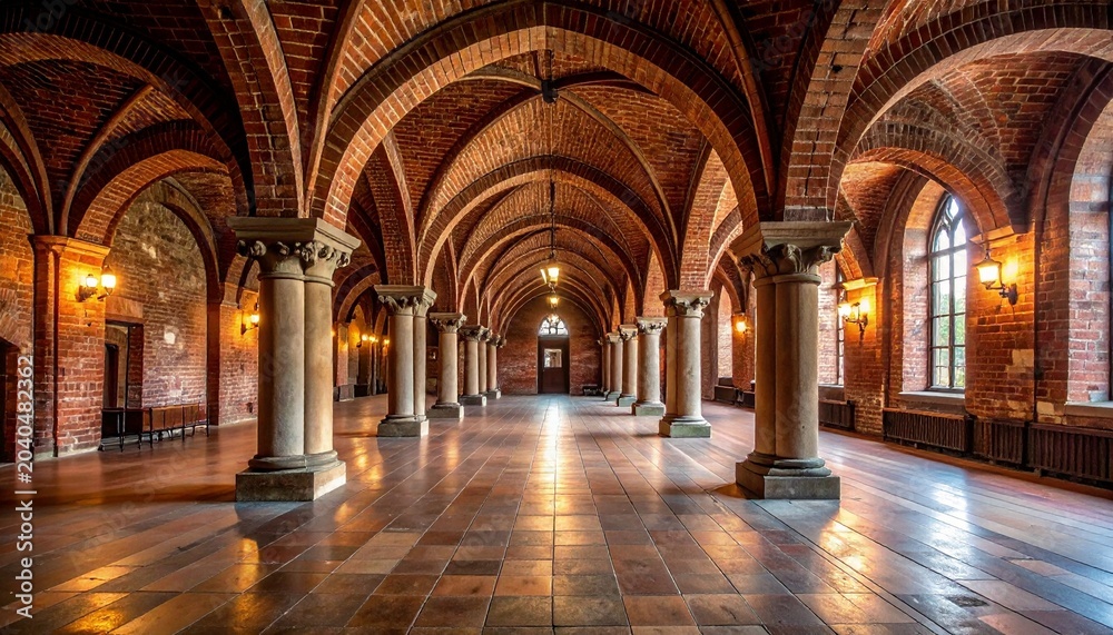 Obraz premium A grand interior view of a historic cathedral hall featuring majestic brick arches stone columns and warm ambient lighting for an elegant look.