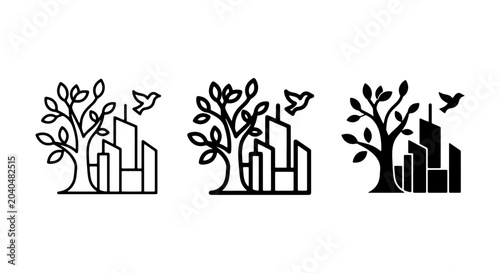 Принти на полотні Urban Nature Icons: Cityscape Tree Bird Symbols, Eco-Friendly Cityscape Concepts