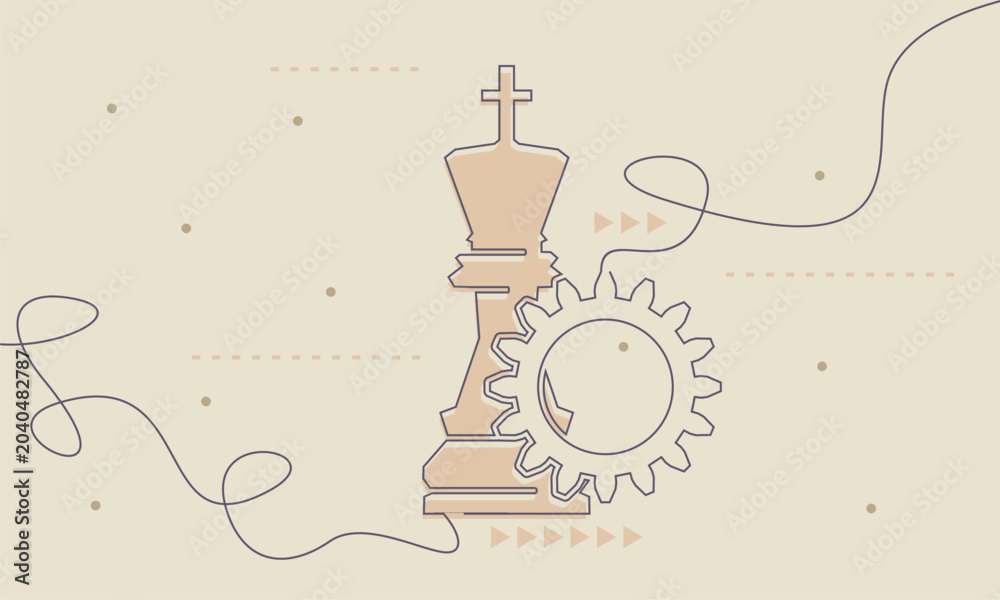 Obraz premium Business strategy in banking and government systems concept featuring chess piece. Gear and chess king. Technologies and development.