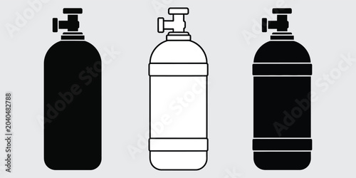 Gas Cylinder Silhouettes in Black White and Outline on Gray Background for Industrial Concepts Vector Style
