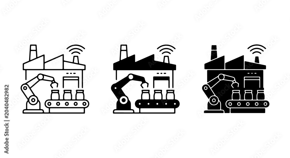Naklejka premium Smart Factory Automation Icons, Industrial Robot Arm Assembly Line, Connected Manufacturing Process Vector Set