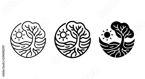 Canvastavla Circular Tree of Life Icons, Nature Ecosystem Symbols, Organic Growth & Sun Elem