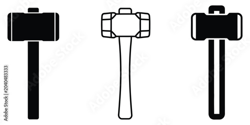 Three Sledgehammer Silhouettes with outline and filled versions on white background
